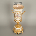 Rococo Ceramic Trumpet Vase with Floral Cartouche & Acanthus Brass Base — Gold