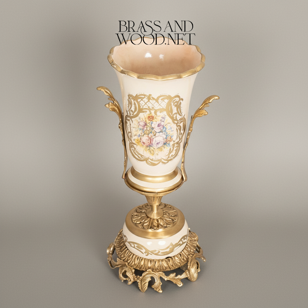 Rococo Ceramic Trumpet Vase with Floral Cartouche & Acanthus Brass Base — Antique Gold