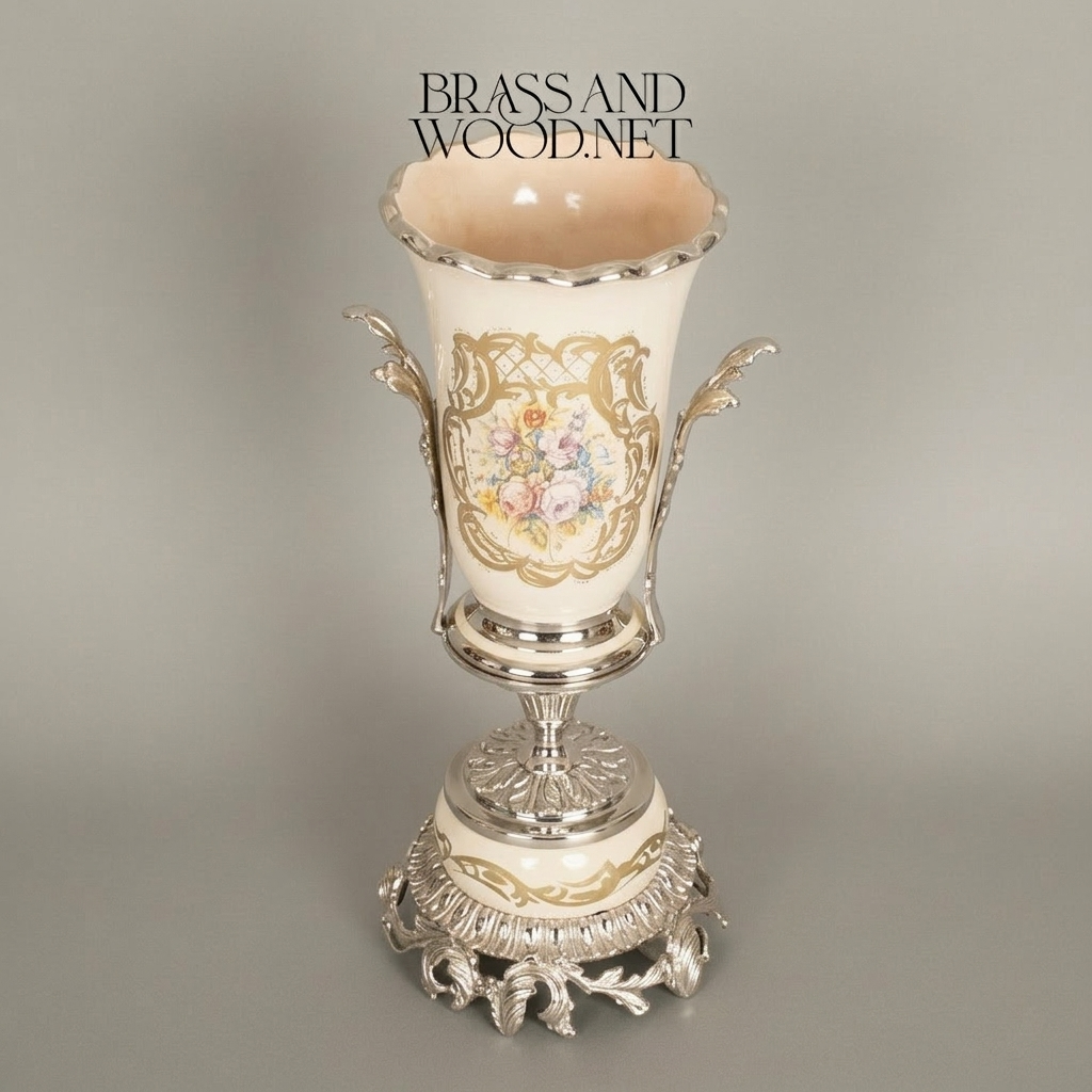 Rococo Ceramic Trumpet Vase with Floral Cartouche & Acanthus Brass Base — Silver