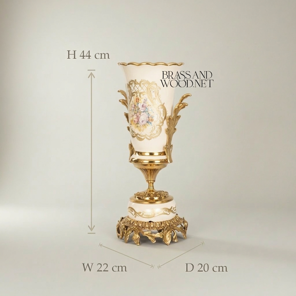 Rococo Ceramic Trumpet Vase with Floral Cartouche & Acanthus Brass Base — Gold
