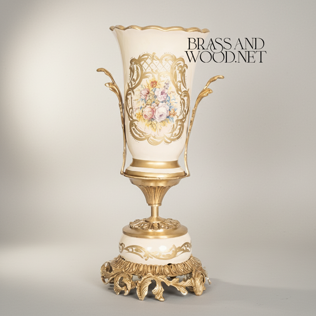 Rococo Ceramic Trumpet Vase with Floral Cartouche & Acanthus Brass Base — Antique Gold