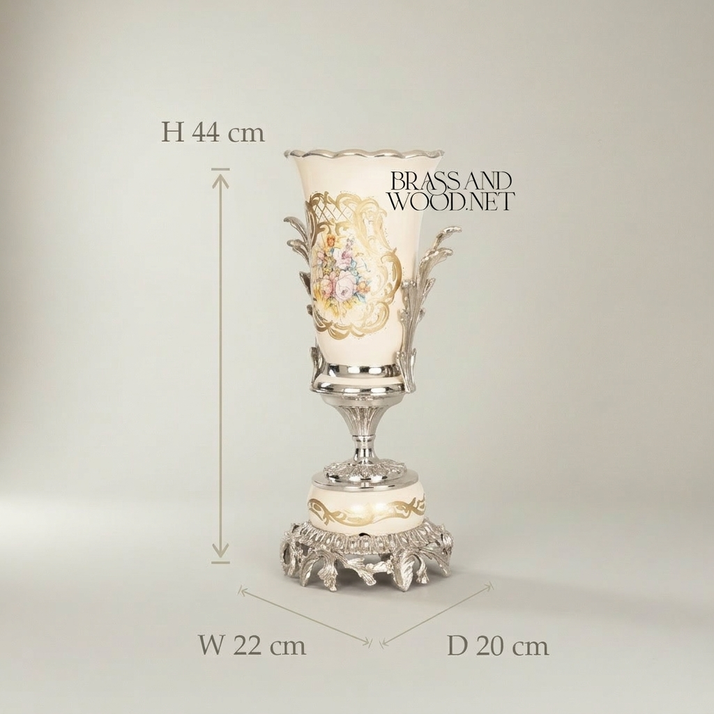 Rococo Ceramic Trumpet Vase with Floral Cartouche & Acanthus Brass Base — Silver