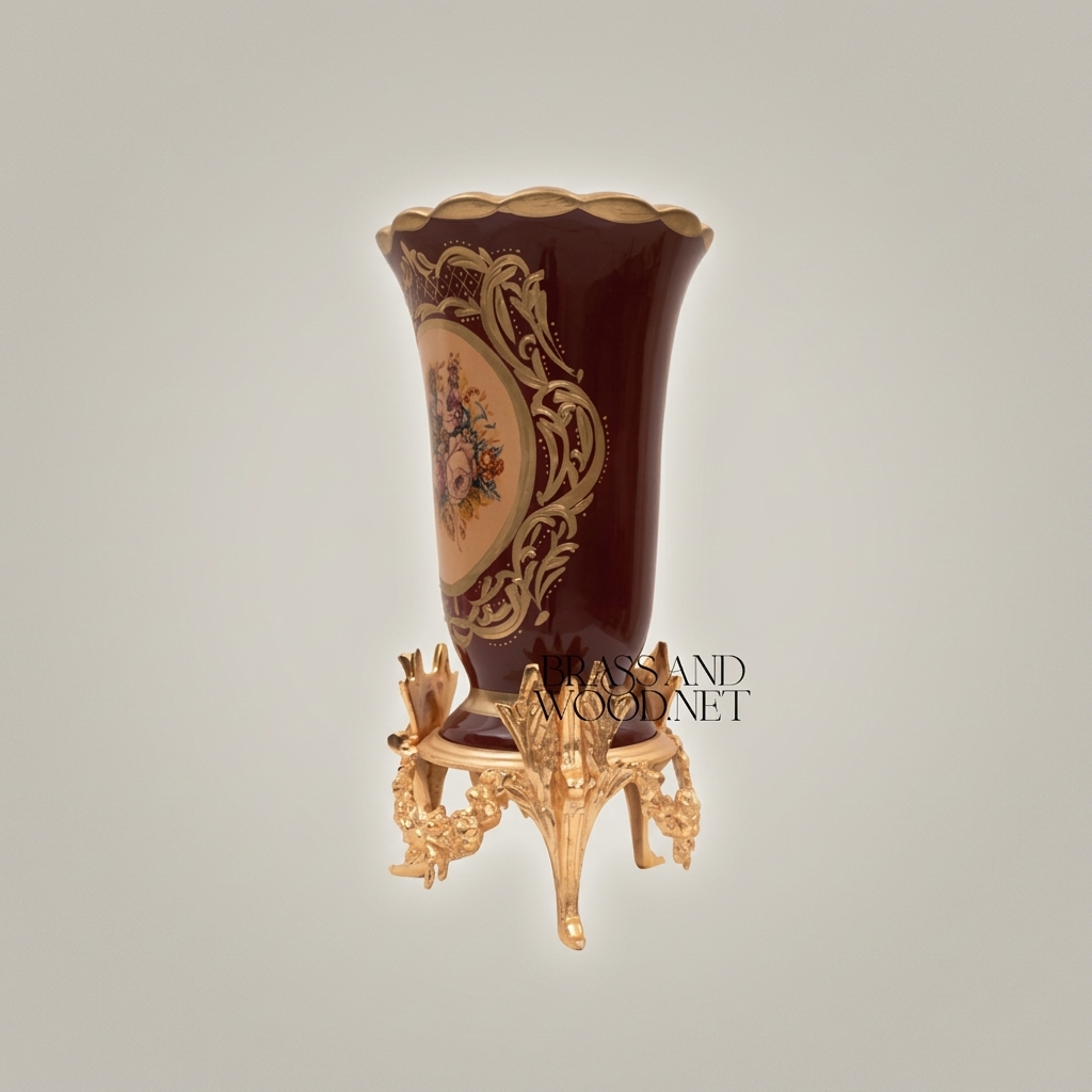 Rococo Ceramic Trumpet Vase on Ornate Brass Stand with Floral Cartouche — Gold