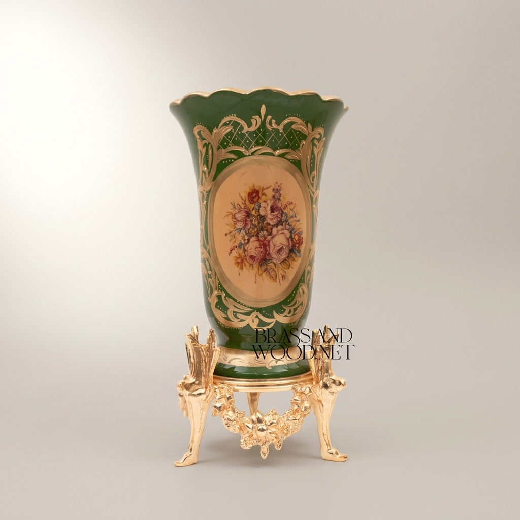 Rococo Ceramic Trumpet Vase on Ornate Brass Stand with Floral Medallion