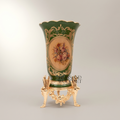 Rococo Ceramic Trumpet Vase on Ornate Brass Stand with Floral Medallion — Gold