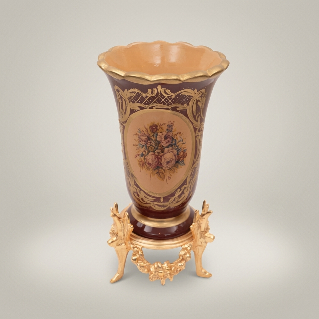 Rococo Ceramic Trumpet Vase on Ornate Brass Stand with Floral Cartouche