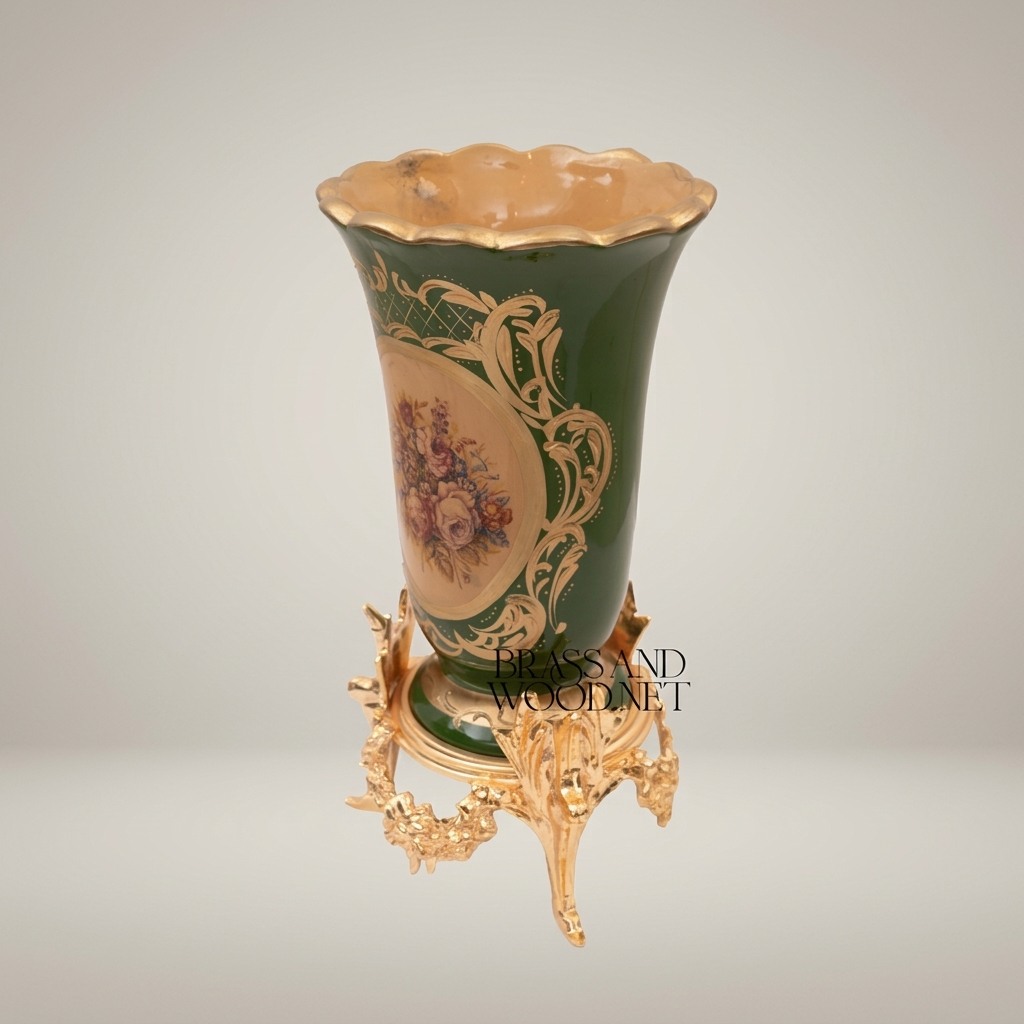 Rococo Ceramic Trumpet Vase on Ornate Brass Stand with Floral Medallion — Gold
