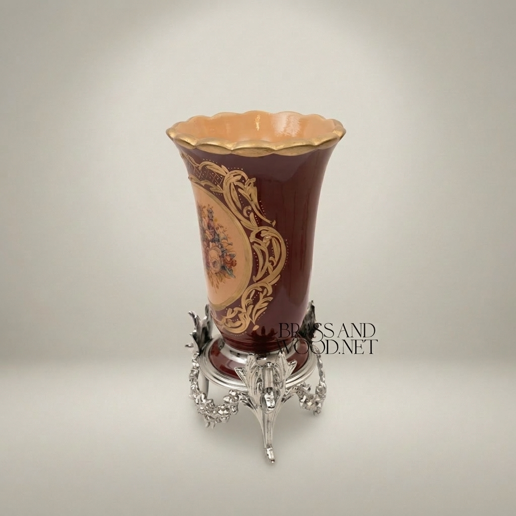 Rococo Ceramic Trumpet Vase on Ornate Brass Stand with Floral Cartouche — Silver