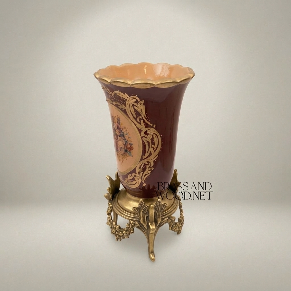 Rococo Ceramic Trumpet Vase on Ornate Brass Stand with Floral Cartouche — Antique Gold