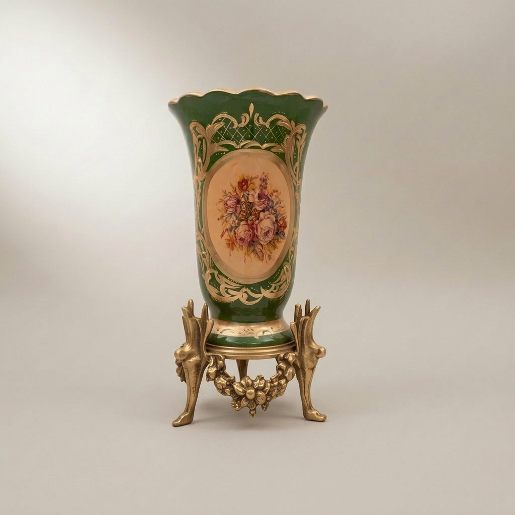 Rococo Ceramic Trumpet Vase on Ornate Brass Stand with Floral Medallion — Antique Gold