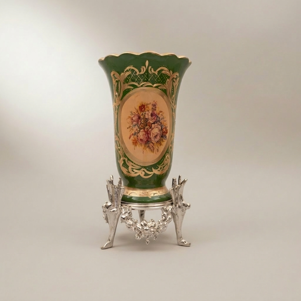 Rococo Ceramic Trumpet Vase on Ornate Brass Stand with Floral Medallion — Silver
