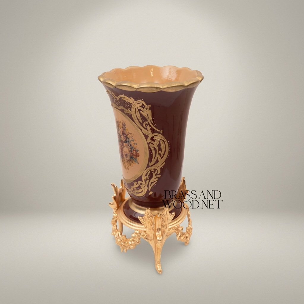 Rococo Ceramic Trumpet Vase on Ornate Brass Stand with Floral Cartouche