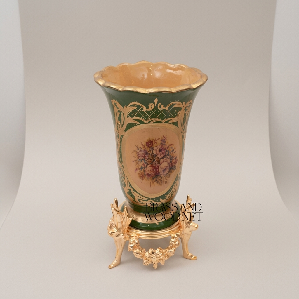 Rococo Ceramic Trumpet Vase on Ornate Brass Stand with Floral Medallion