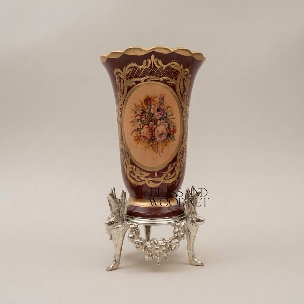 Rococo Ceramic Trumpet Vase on Ornate Brass Stand with Floral Cartouche — Silver