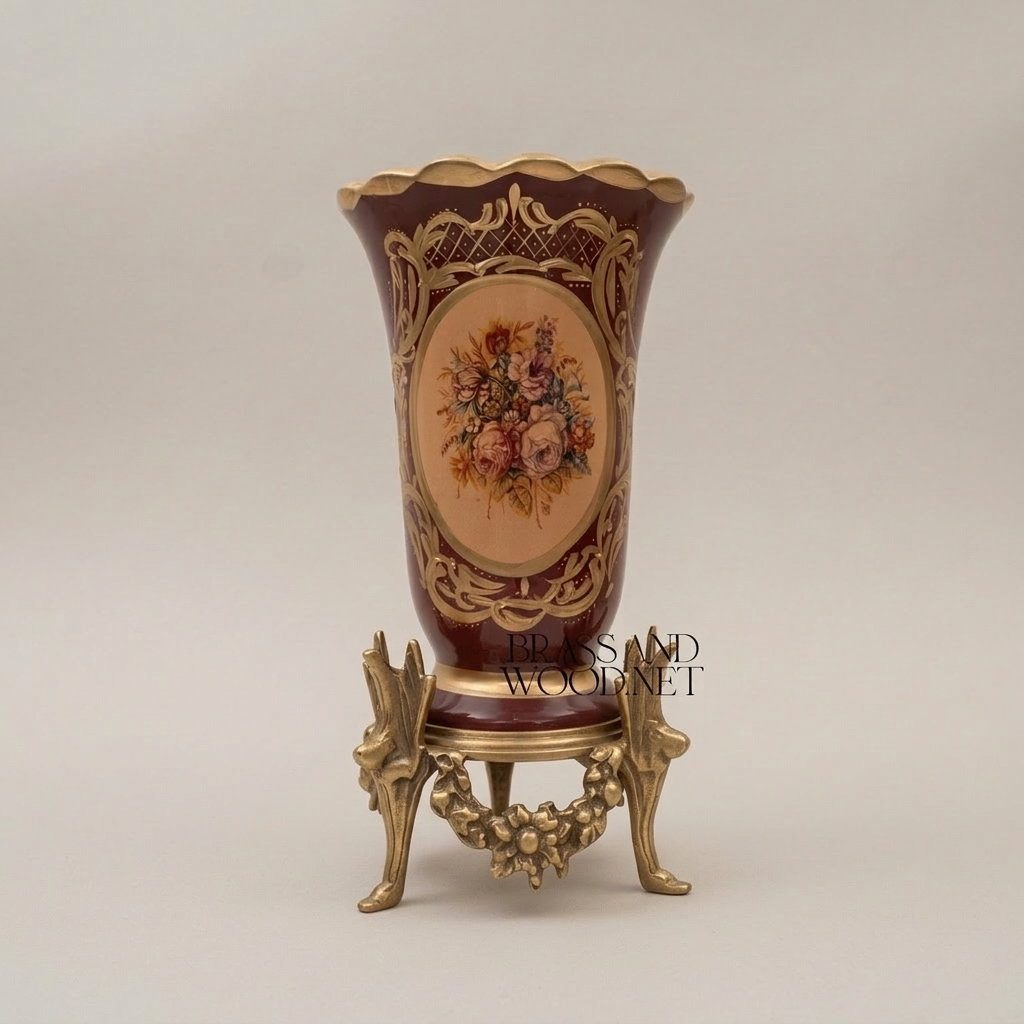 Rococo Ceramic Trumpet Vase on Ornate Brass Stand with Floral Cartouche — Antique Gold