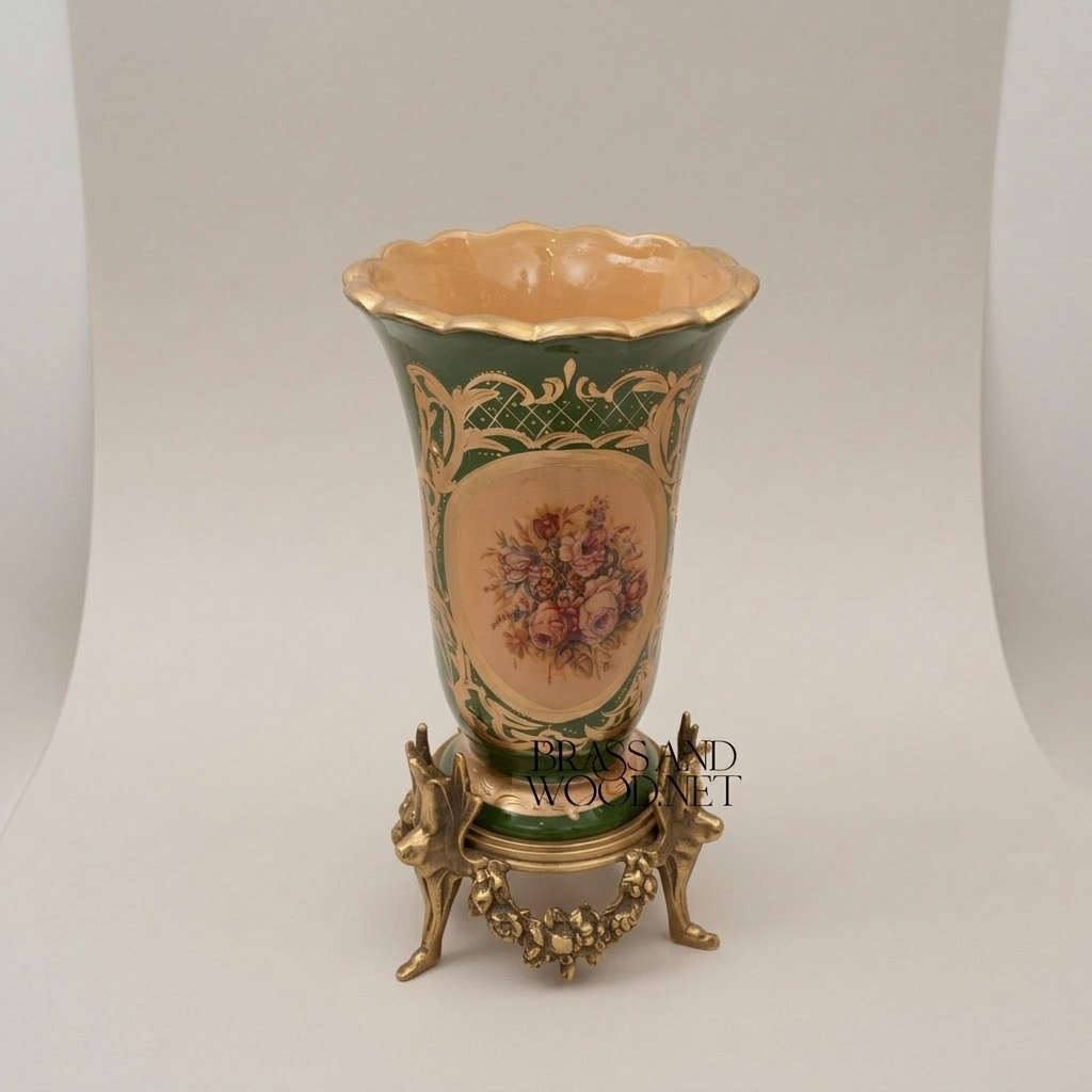 Rococo Ceramic Trumpet Vase on Ornate Brass Stand with Floral Medallion — Antique Gold