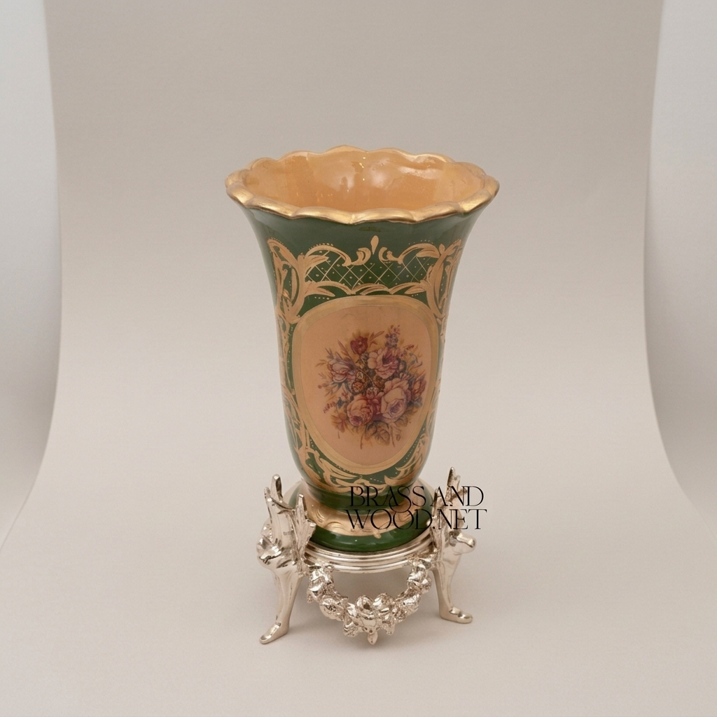 Rococo Ceramic Trumpet Vase on Ornate Brass Stand with Floral Medallion — Silver