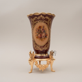 Rococo Ceramic Trumpet Vase on Ornate Brass Stand with Floral Cartouche — Gold