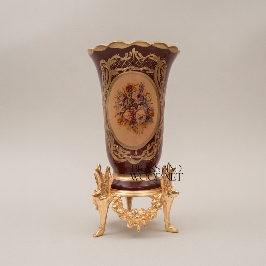 Rococo Ceramic Trumpet Vase on Ornate Brass Stand with Floral Cartouche — Gold