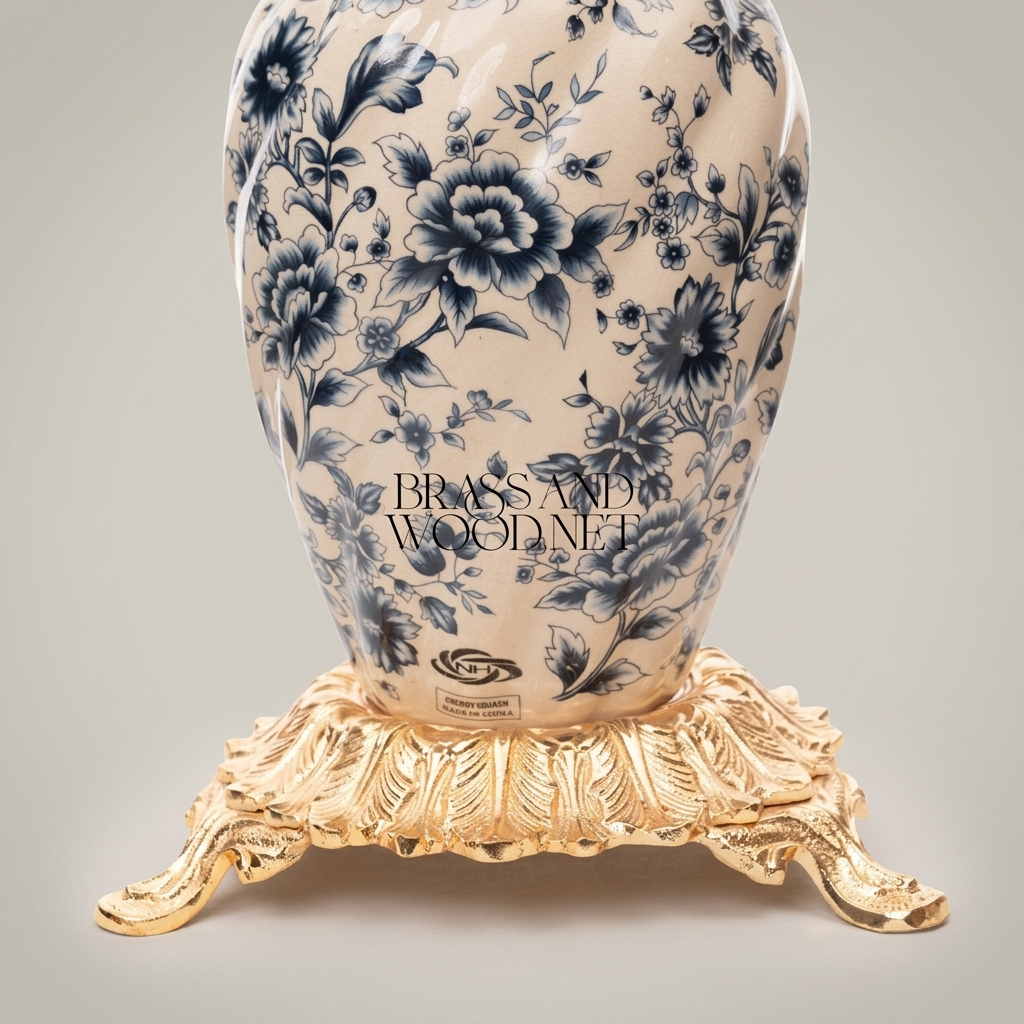 Rococo Ceramic Vase with Navy Blue Chinoiserie Florals on Ornate Brass Base