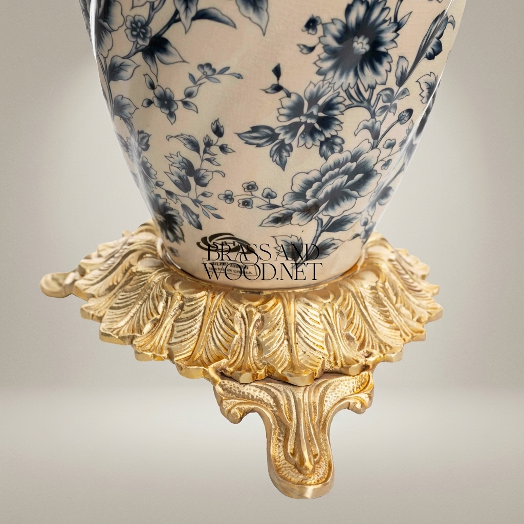 Rococo Ceramic Vase with Navy Blue Chinoiserie Florals on Ornate Brass Base — Antique Gold