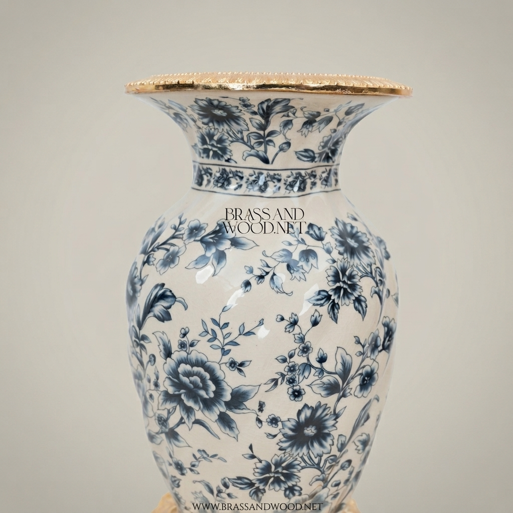 Rococo Ceramic Vase with Navy Blue Chinoiserie Florals on Ornate Brass Base