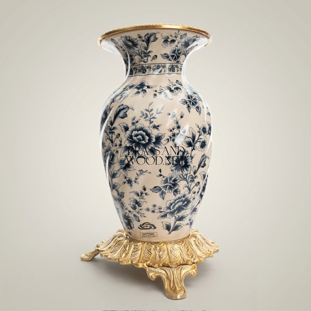 Rococo Ceramic Vase with Navy Blue Chinoiserie Florals on Ornate Brass Base — Antique Gold