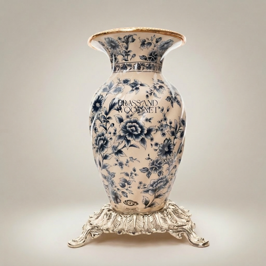 Rococo Ceramic Vase with Navy Blue Chinoiserie Florals on Ornate Brass Base — Silver