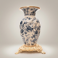 Rococo Ceramic Vase with Navy Blue Chinoiserie Florals on Ornate Brass Base — Gold