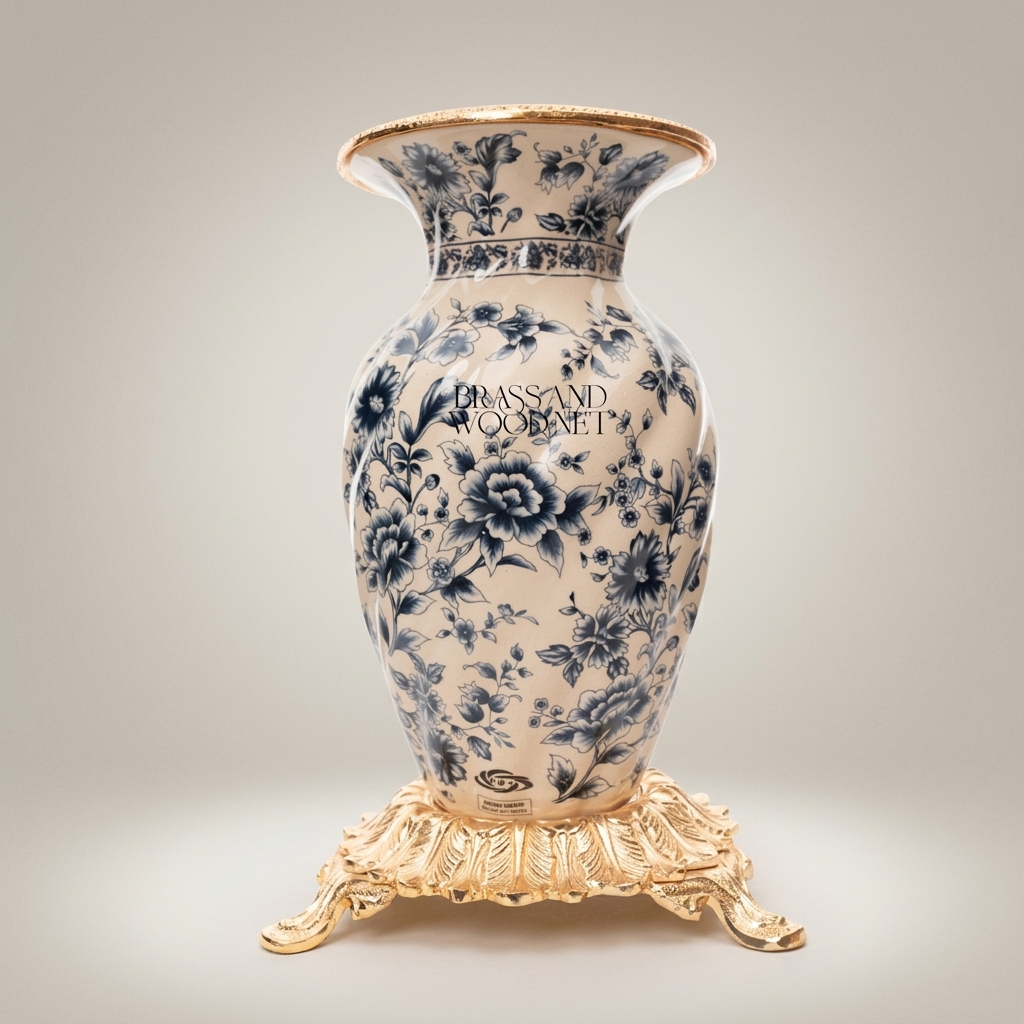 Rococo Ceramic Vase with Navy Blue Chinoiserie Florals on Ornate Brass Base