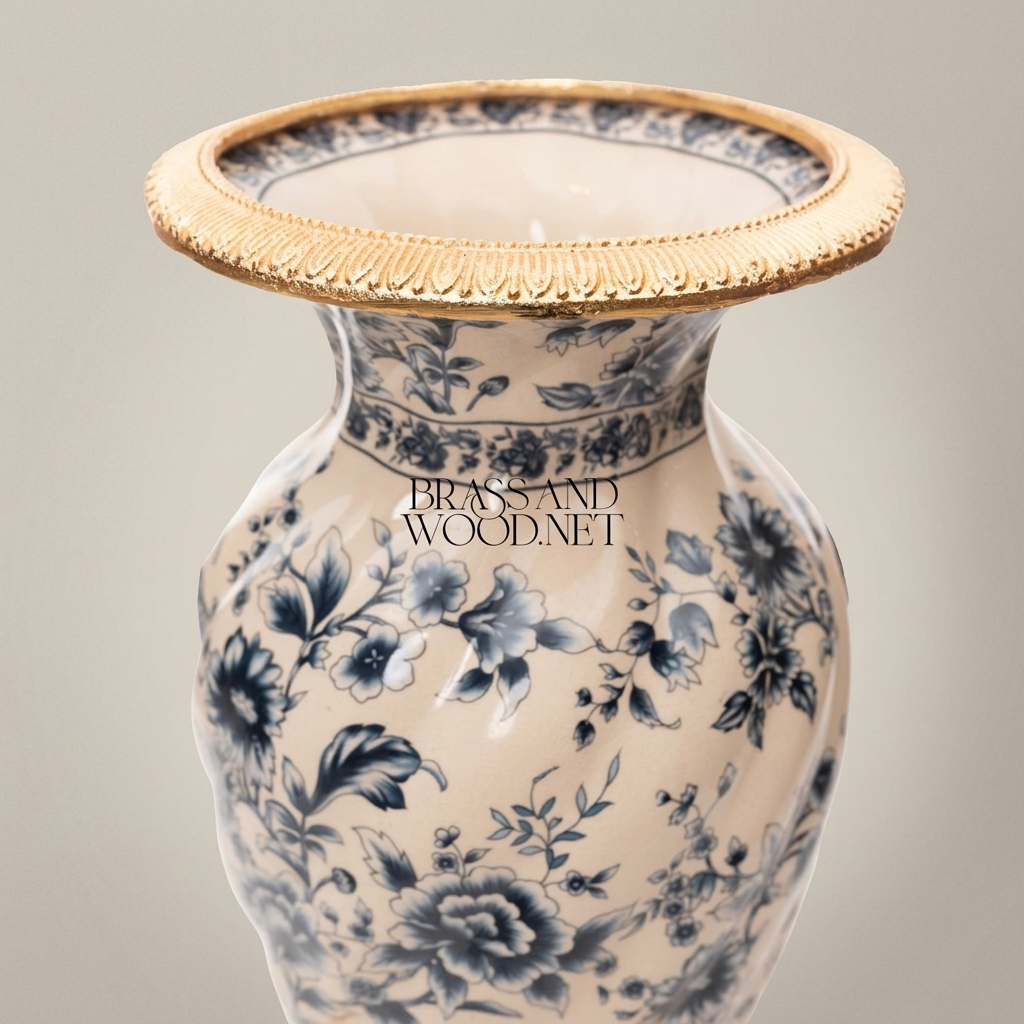 Rococo Ceramic Vase with Navy Blue Chinoiserie Florals on Ornate Brass Base
