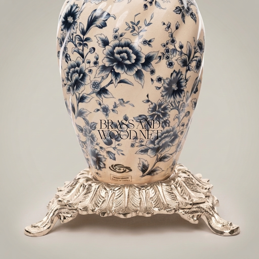 Rococo Ceramic Vase with Navy Blue Chinoiserie Florals on Ornate Brass Base — Silver