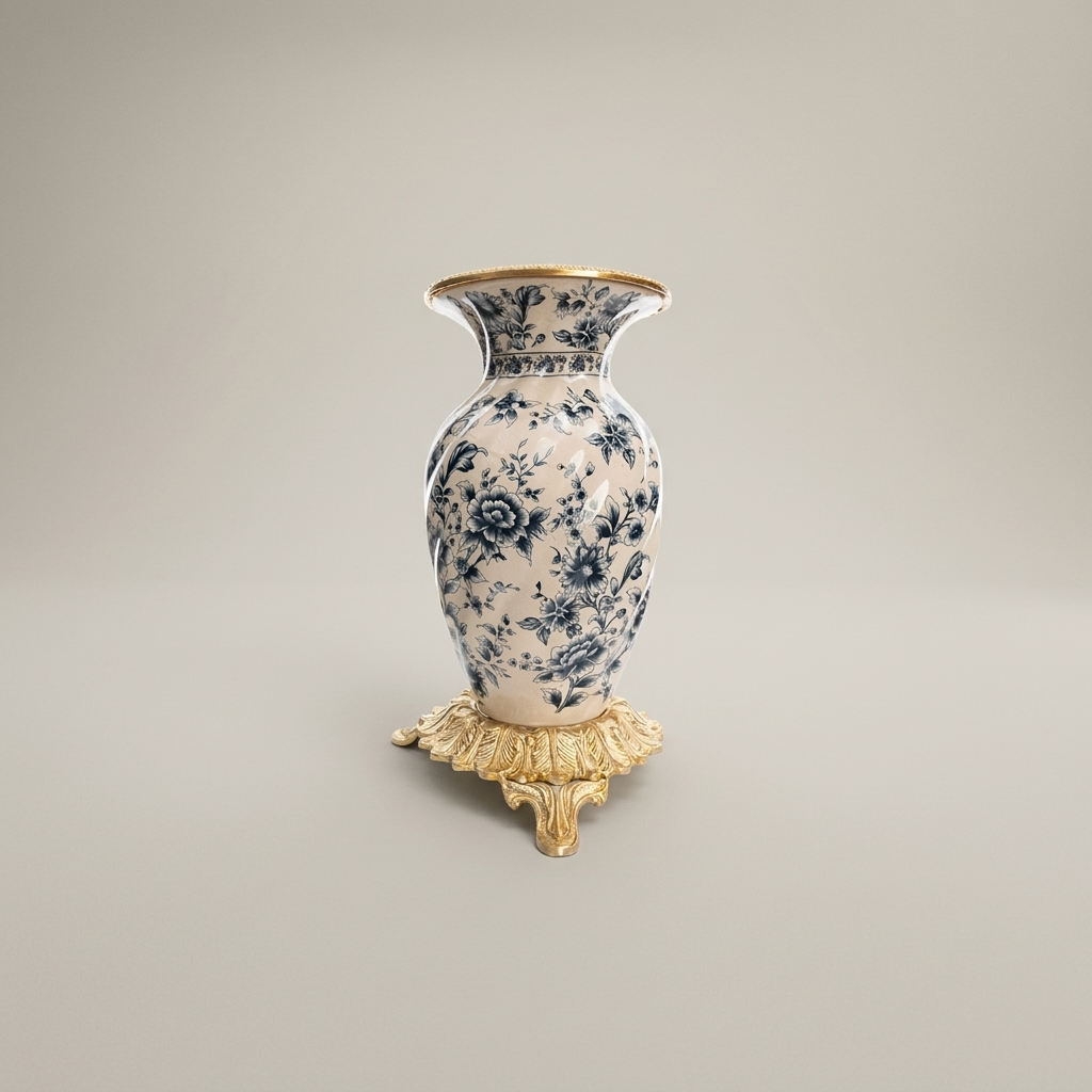 Rococo Ceramic Vase with Navy Blue Chinoiserie Florals on Ornate Brass Base — Antique Gold