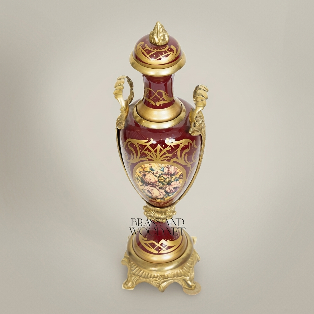 Rococo Classical Ceramic Urn Vase with Brass Mounts & Hand-Painted Floral Medallion — Antique Gold