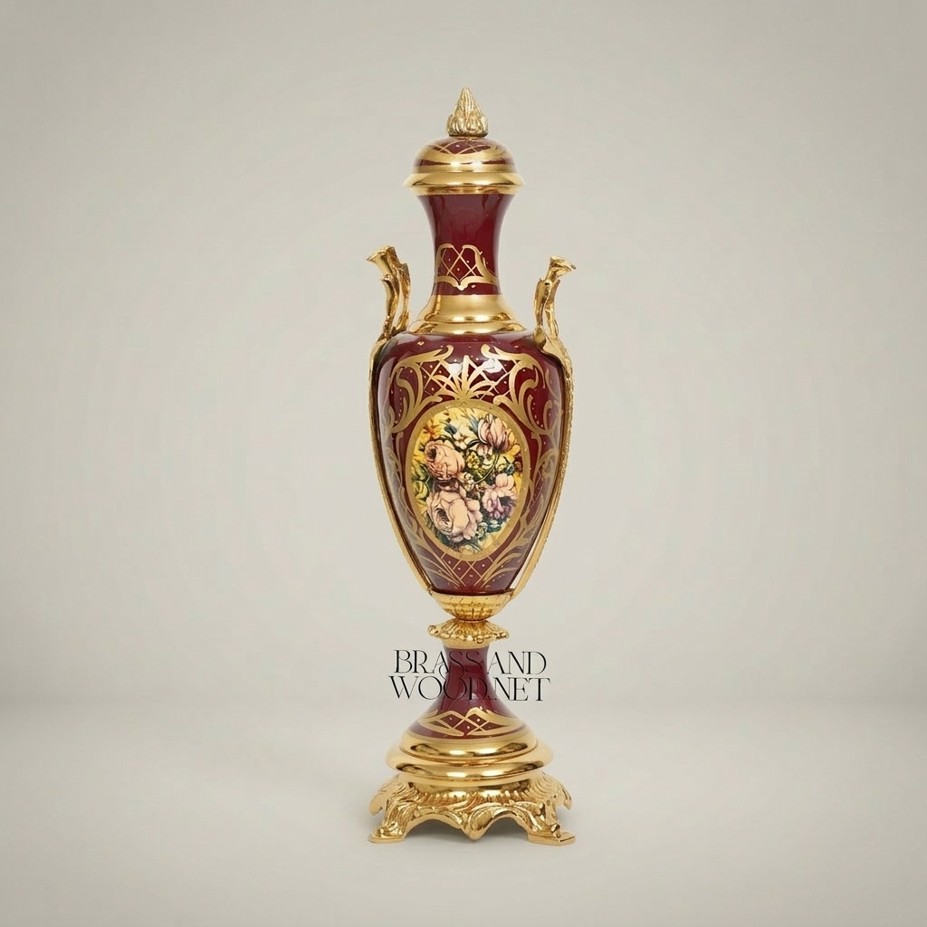 Rococo Classical Ceramic Urn Vase with Brass Mounts & Hand-Painted Floral Medallion