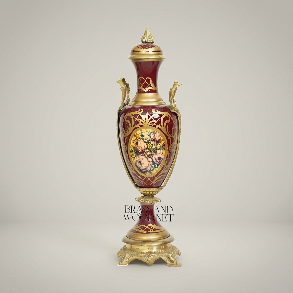 Rococo Classical Ceramic Urn Vase with Brass Mounts & Hand-Painted Floral Medallion — Antique Gold