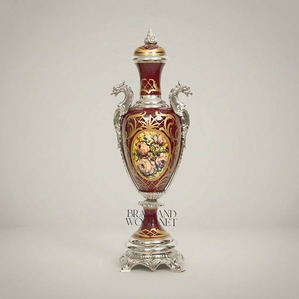 Rococo Classical Ceramic Urn Vase with Brass Mounts & Hand-Painted Floral Medallion — Silver