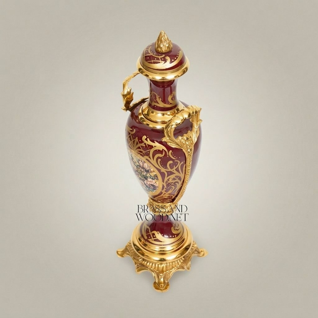 Rococo Classical Ceramic Urn Vase with Brass Mounts & Hand-Painted Floral Medallion