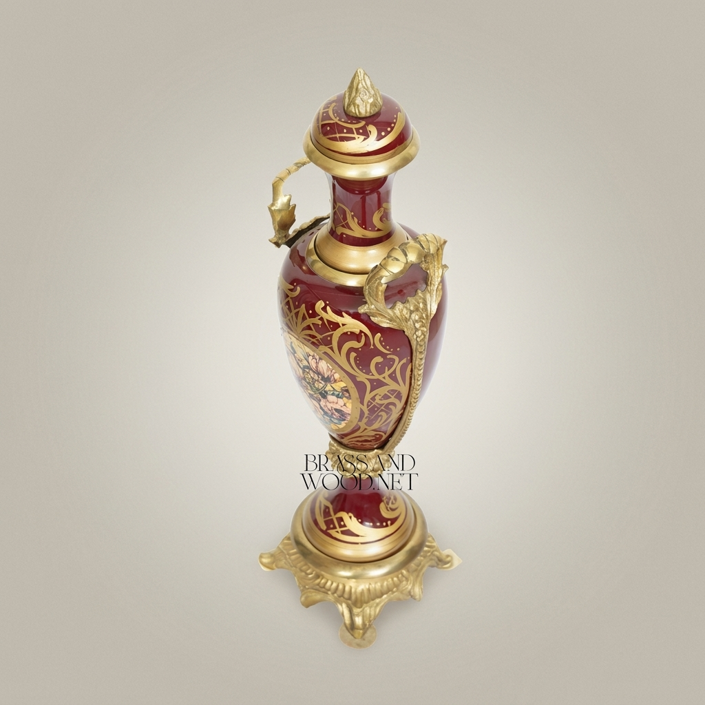 Rococo Classical Ceramic Urn Vase with Brass Mounts & Hand-Painted Floral Medallion — Antique Gold
