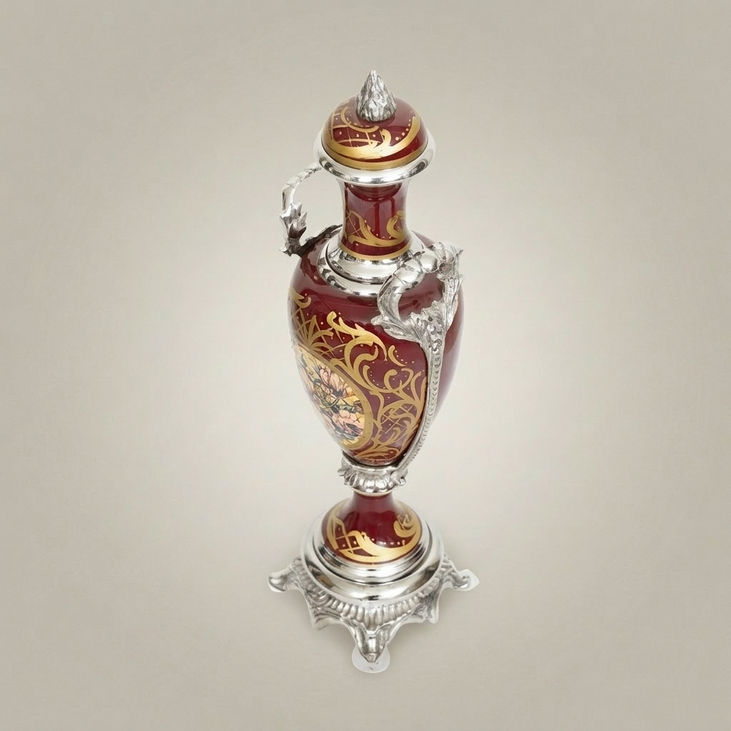 Rococo Classical Ceramic Urn Vase with Brass Mounts & Hand-Painted Floral Medallion — Silver