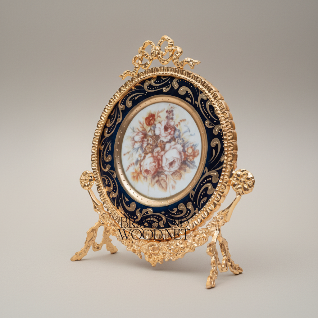 Rococo Cobalt Blue Ceramic Vase & Decorative Plate Set with Gilt Brass Scrollwork Mounts