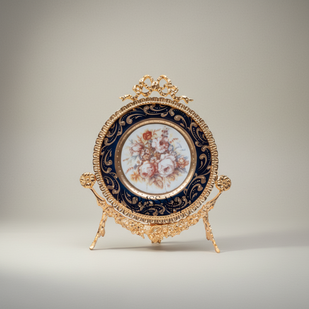 Rococo Cobalt Blue Ceramic Vase & Decorative Plate Set with Gilt Brass Scrollwork Mounts — Gold