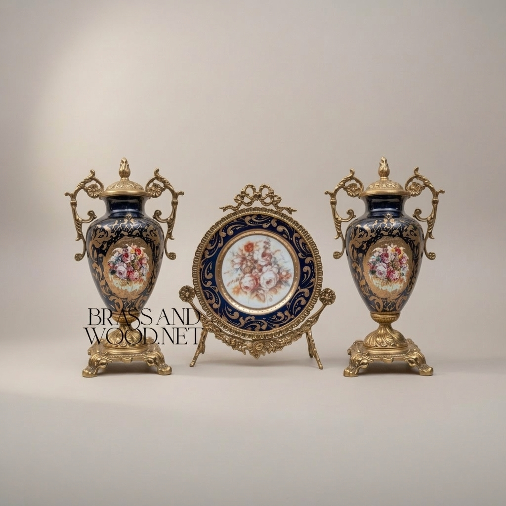 Rococo Cobalt Blue Ceramic Vase & Decorative Plate Set with Gilt Brass Scrollwork Mounts — Antique Gold