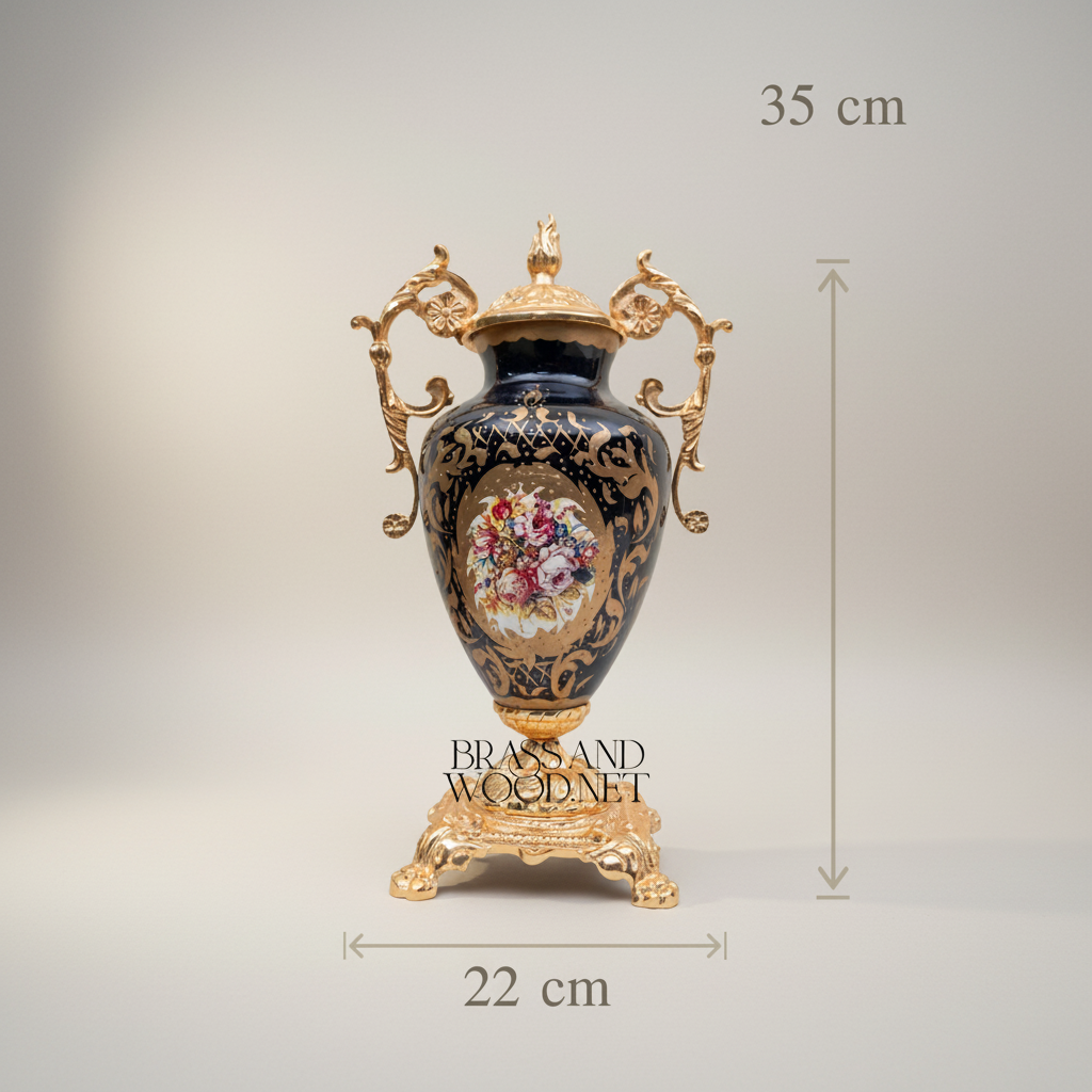 Rococo Cobalt Blue Ceramic Vase & Decorative Plate Set with Gilt Brass Scrollwork Mounts