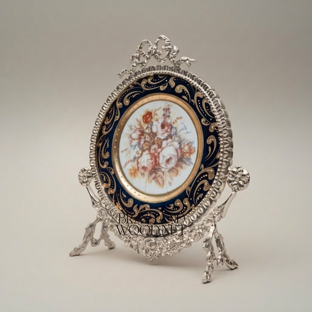 Rococo Cobalt Blue Ceramic Vase & Decorative Plate Set with Gilt Brass Scrollwork Mounts — Silver