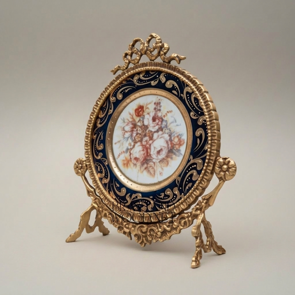 Rococo Cobalt Blue Ceramic Vase & Decorative Plate Set with Gilt Brass Scrollwork Mounts — Antique Gold