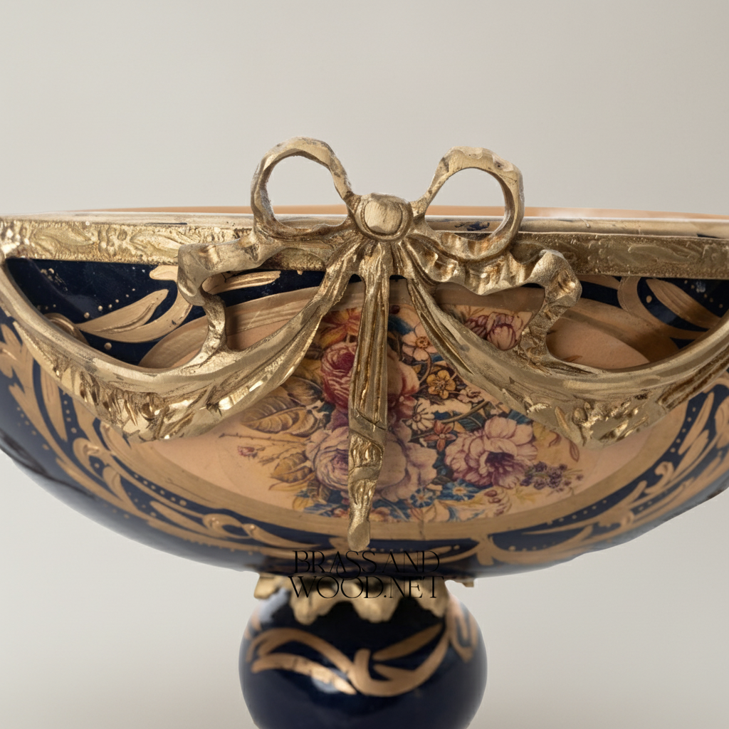 Rococo Cobalt Ceramic & Brass Garniture Set — Floral Cartouche with Swag & Bow Centrepiece — Antique Gold