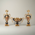 Rococo Cobalt Ceramic & Brass Garniture Set — Floral Cartouche with Swag & Bow Centrepiece — Gold