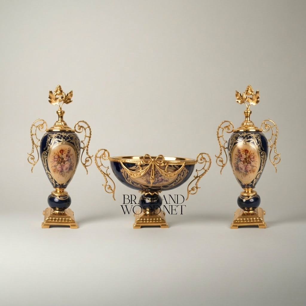 Rococo Cobalt Ceramic & Brass Garniture Set — Floral Cartouche with Swag & Bow Centrepiece — Gold