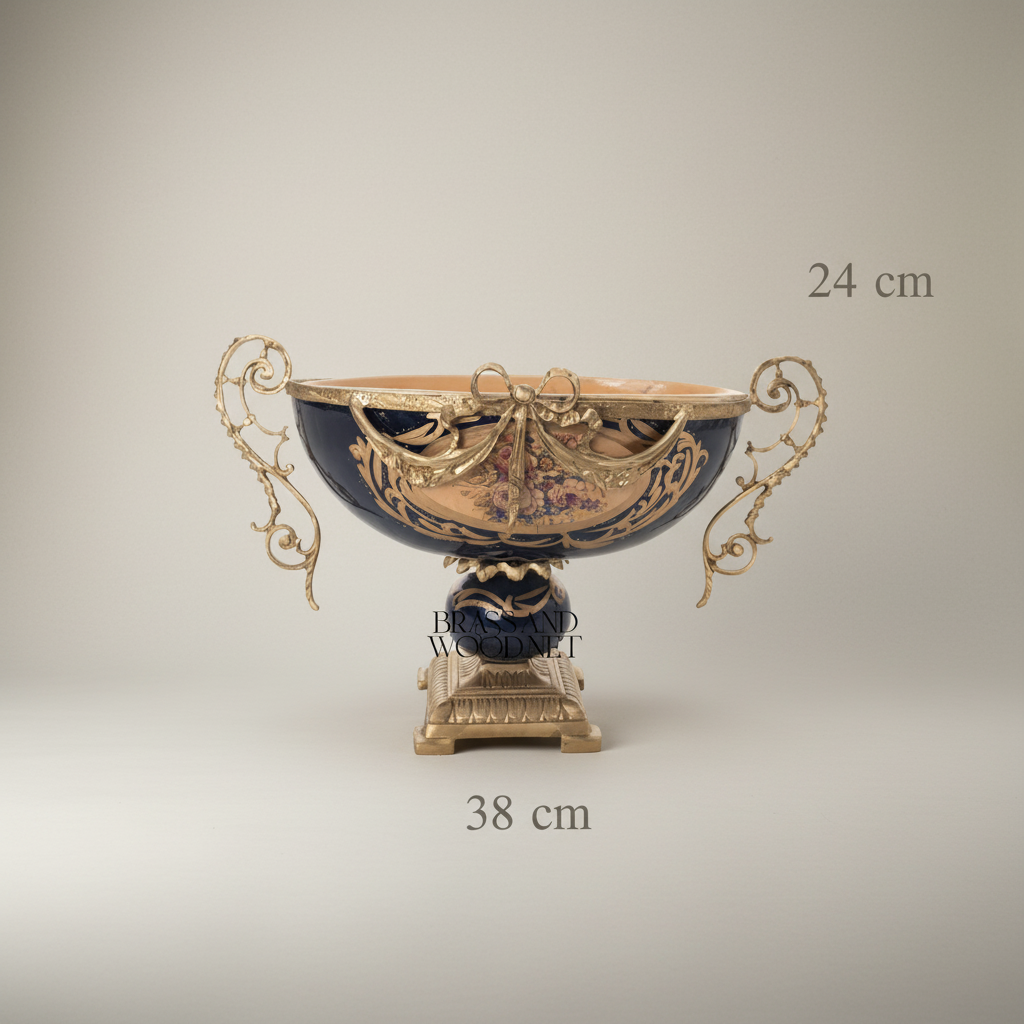 Rococo Cobalt Ceramic & Brass Garniture Set — Floral Cartouche with Swag & Bow Centrepiece — Antique Gold